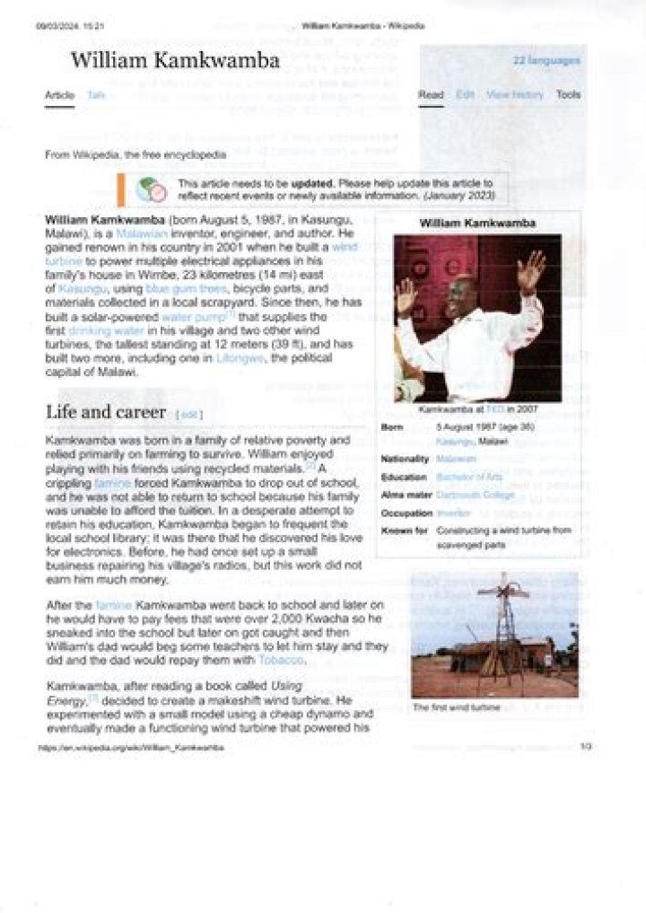 William Kamkwamba Biography, Age, Height, Wife, Net Worth, Family